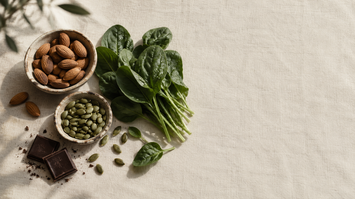 Magnesium-rich foods including almonds, spinach, pumpkin seeds and dark chocolate on a linen surface
