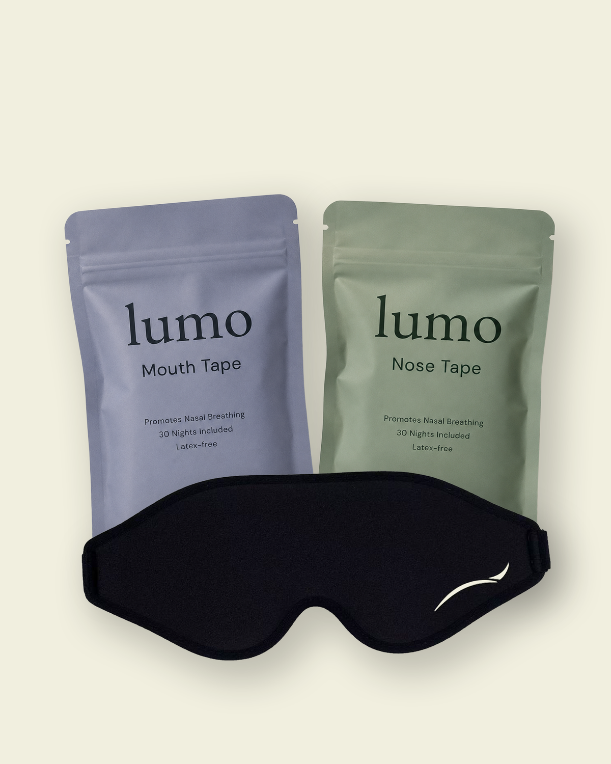 The Lumo Sleep System — sleep mask, mouth tape and nose tape pouches together